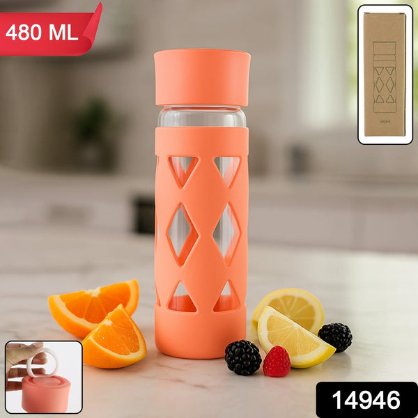 Glass Water Bottle with Protective Sleeve - (1 Pc / 480 ML) - justgrabit.in | Just Grab It
