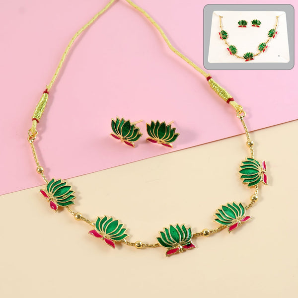 Traditional Green & Lotus Motif Jewellery Set - justgrabit.in | Just Grab It