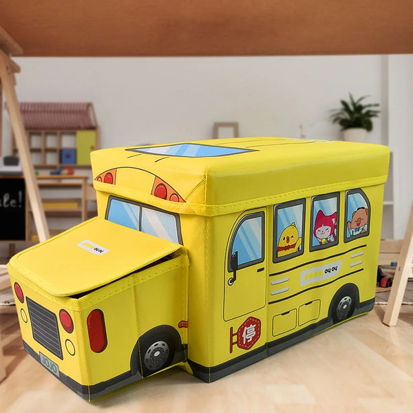School Bus Shaped Portable Foldable Toy Box Storage with Lid (1 Pc) - justgrabit.in | Just Grab It