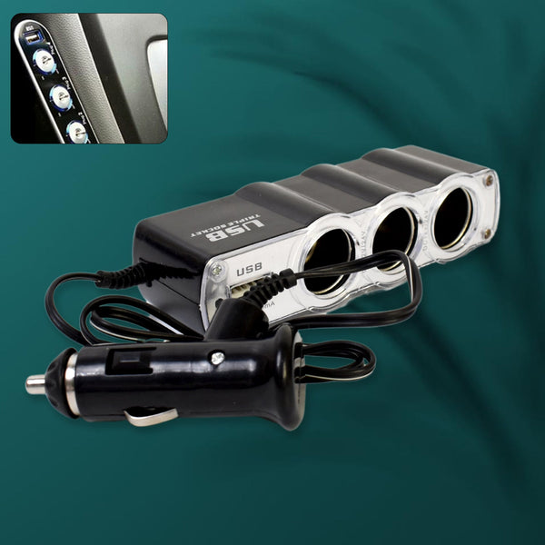 Triple 3 Way Car 12v Lighter Socket Splitter USB Charger Power Adapter - justgrabit.in | Just Grab It
