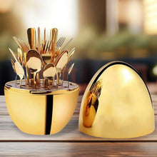 Premium Cutlery Set 24 Pcs with Oval Shaped Stand | Beautiful Stylish Oval Designed Cutlery Sets, Egg - Shaped Luxury Spoon Holder Set  (Golden / 24 pcs set) - Justgrabit Inc.