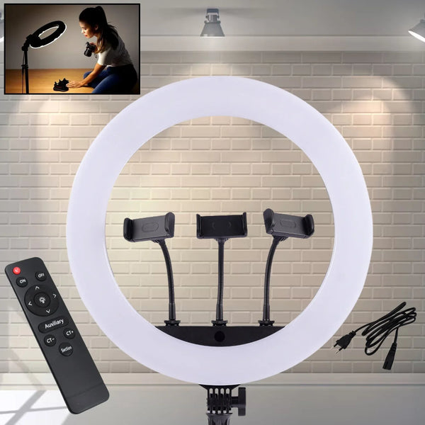 18 Inch LED Ring Light with 3 Colour Modes & 3 Mobile Holders, Remote Control (1 Set) - justgrabit.in | Just Grab It