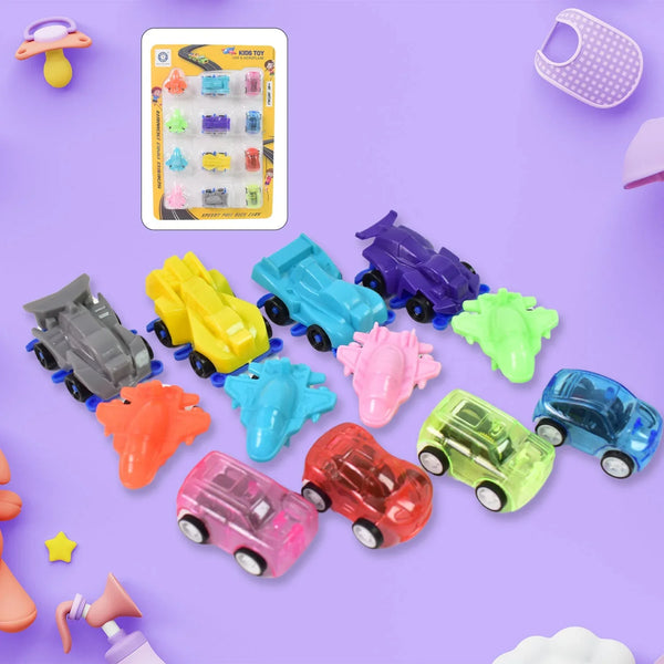 Mini Pull Back Car & Aeroplane Plastic Pull Back Car Cartoon Toys (12 Pcs Set) - justgrabit.in | Just Grab It