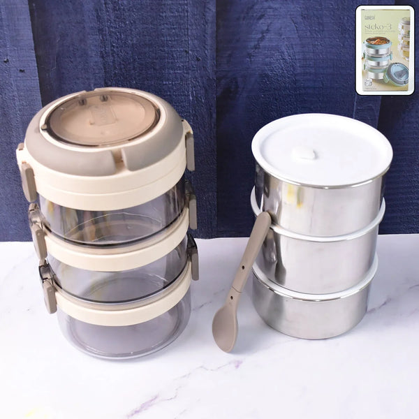 Ganesh Steko - 3 Triple Layer Stainless Steel Insulated Lunch Box Set - Justgrabit Inc.