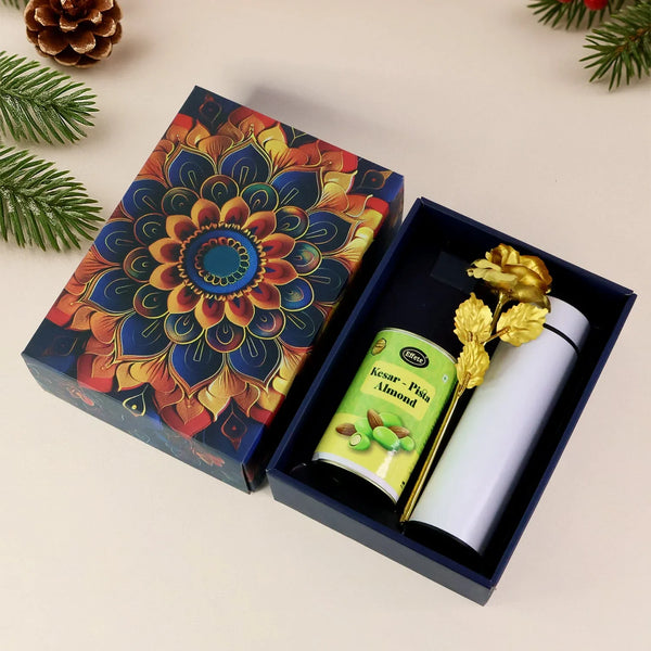 Effete Kesar Pista Almonds Gift Hamper, Golden Rose With Bottle (3 Pc Set) - justgrabit.in | Just Grab It