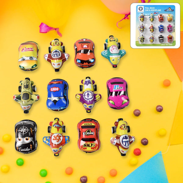Mini Pull Back Car & Aeroplane PVC Plastic Pull Back Car Cartoon Toys (12 Pcs Set) - justgrabit.in | Just Grab It