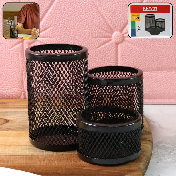 Khyati Trio Metal Mesh Pen Stand – 3 - in - 1 Round Desk Organizer Set - justgrabit.in | Just Grab It
