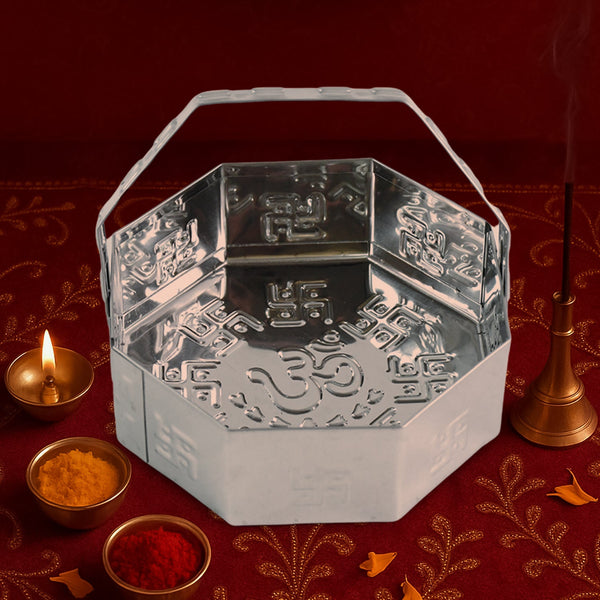 Traditional Stainless Steel Octagon Pooja Basket 1 Pc with Handle - justgrabit.in | Just Grab It