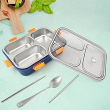 3 Compartment Transparent Stainless Steel Lunch Box with a Spoon and a Pair of Chopsticks (1 Set) - justgrabit.in | Just Grab It