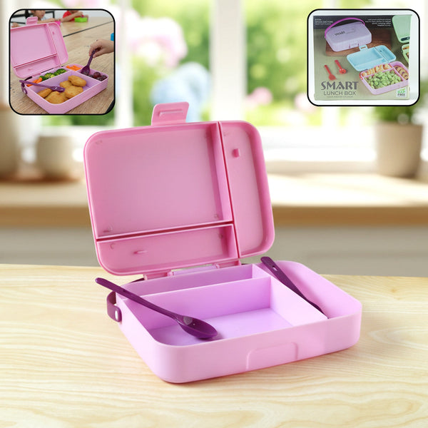 Smart Leak Proof Lunch Box with 3 Compartments and Spoon Set (1 Set) - justgrabit.in | Just Grab It