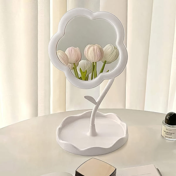 Flower - Shaped Makeup Mirror, Rotatable Makeup Mirror with Tray Table Vanity - justgrabit.in | Just Grab It