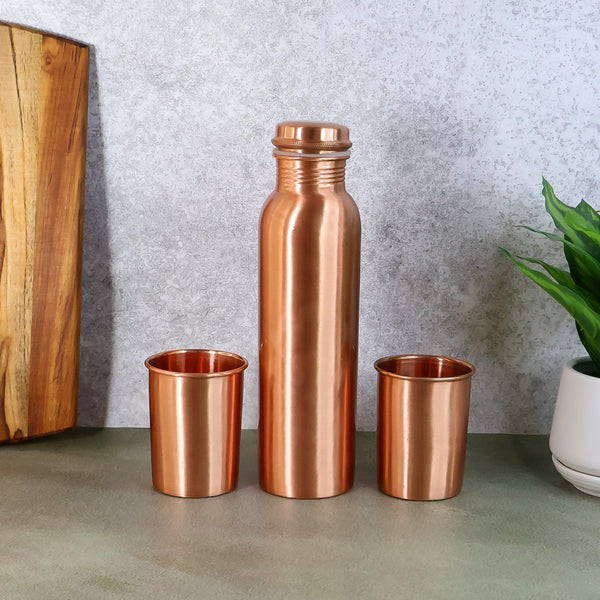 Copper Water Bottle 2 Glasses with Gift Box (3 Pcs Set) - justgrabit.in | Just Grab It