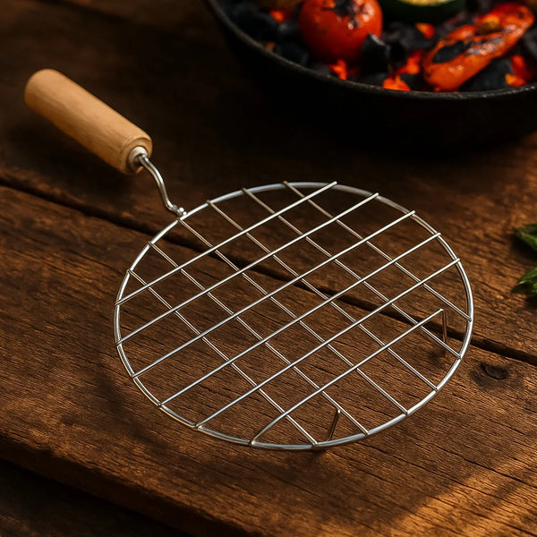 Kitchen Round Stainless Steel Roaster Papad Jali, Barbecue Grill with Wooden Handle - Justgrabit Inc.