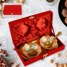 5in1 Gold Silver Plated 2 Bowl 2 Spoon Tray Set Brass with Red Velvet Gift Box Serving Dry Fruits Desserts Gift - Justgrabit Inc.