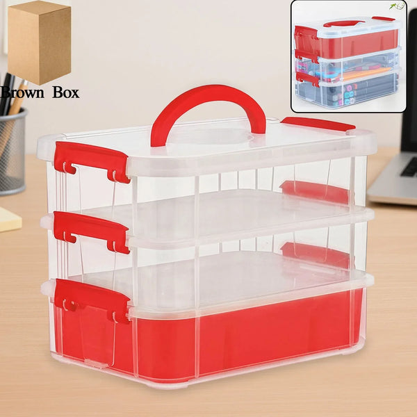 3 - Layer Multi - Purpose Transparent Plastic Storage Carry Box with Handle - Justgrabit Inc.