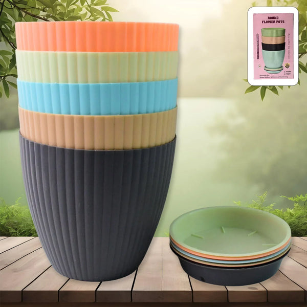 Round Plastic Flower Pot with Bottom Tray (5 Pcs Set / With Color Box) - justgrabit.in | Just Grab It
