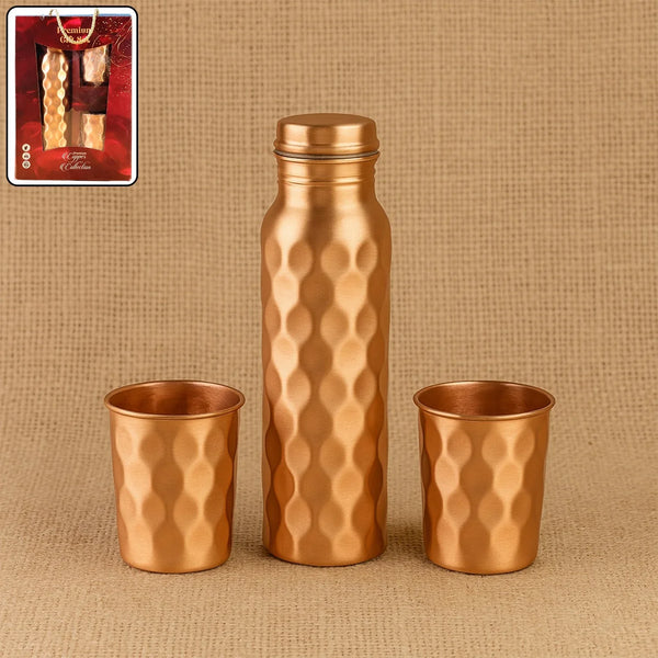 Diamond Cut Copper Water Bottle 2 Glasses with Gift Box (3 Pcs Set) - justgrabit.in | Just Grab It
