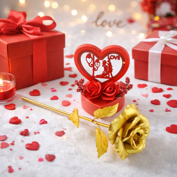 Heart Love Decorative Showpiece with Golden Rose Flower Gift Set (2 Pc) - justgrabit.in | Just Grab It