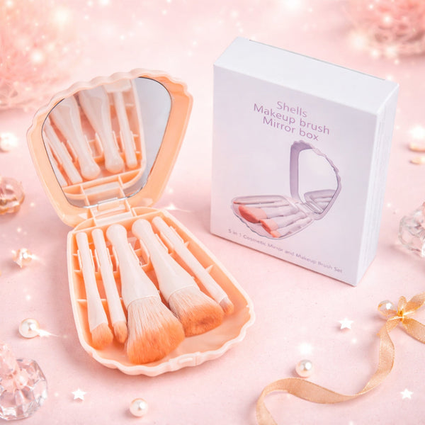 5 in 1 Makeup Brush Set with Mirror Box – Compact Cosmetic Kit - justgrabit.in | Just Grab It