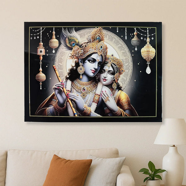Lord Krishna and Radha Wall Painting with Wooden Frame 60x45 Cm Approx (1 Pc / Mix Design) - justgrabit.in | Just Grab It
