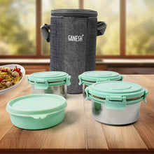 Ganesh 4In1 Tiffin Box - Lunch Box | 3 Stainless Steel Containers 300 Ml Approx & Plastic Salad Container 200 Ml Approx| Plastic lid Box | Round Zip Bag | Leak Proof | Microwave Safe for Office, College and School for Men, Women  - Justgrabit Inc.