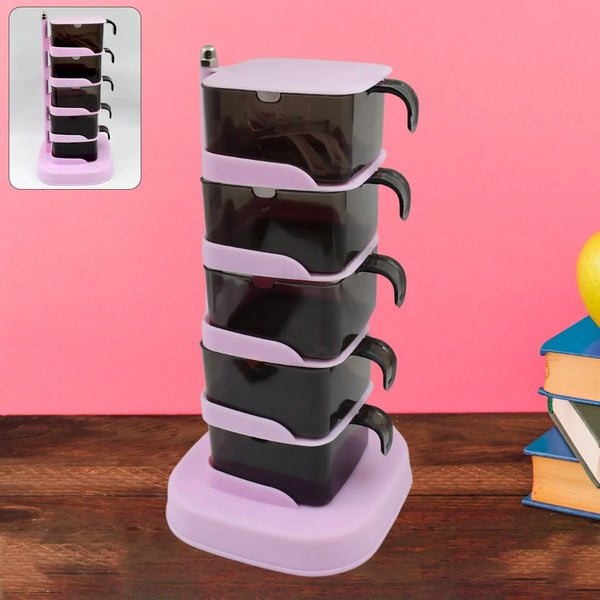 Rotating Spice Jars Vertical Rotatable Seasoning Box 5 Section / Tier With 5 Spoon (1 Set) - justgrabit.in | Just Grab It