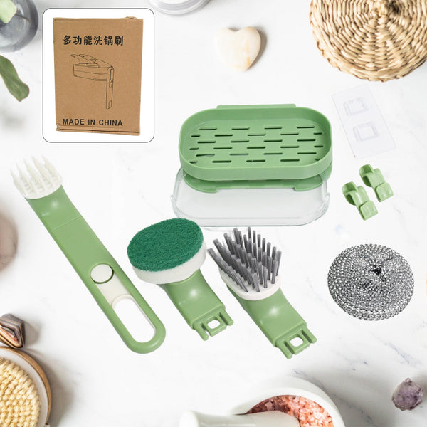 Dish Brush Set with Handle, Replacement Heads, Drain Tray in Kitchen (9 Pcs Set) - justgrabit.in | Just Grab It