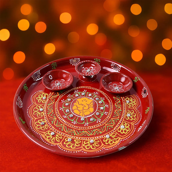 Hand - Painted Decorative Pooja Thali with Ganesha Motif and Diyas - Justgrabit Inc.