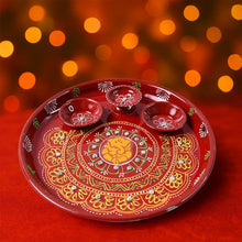 Hand - Painted Decorative Pooja Thali with Ganesha Motif and Diyas - Justgrabit Inc.