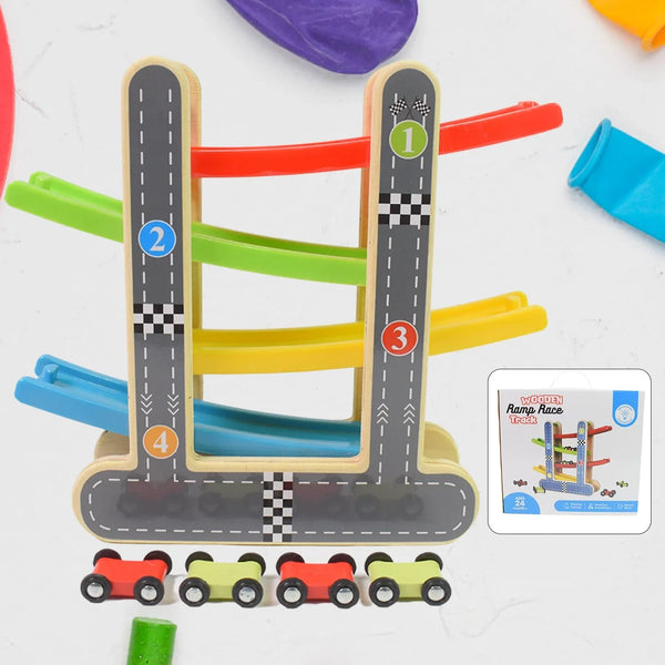 Car Racer Track Play set Wooden Click Clack Toys With 4 Mini Racers (1 Set) - justgrabit.in | Just Grab It