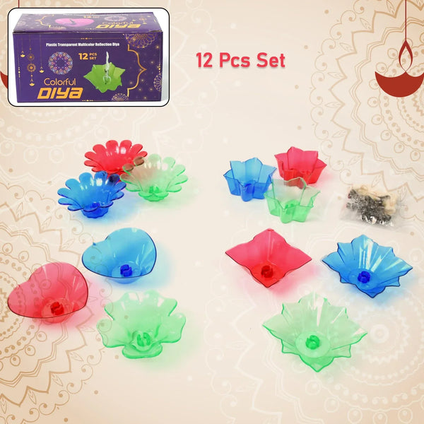 Colourful Reflection Diya Combo Plastic Candle Cup with Multi Shape, Diwali (12 Pcs Set) - justgrabit.in | Just Grab It