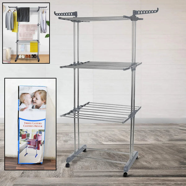 Premium Heavy Duty Stainless Steel 3 Layer Foldable Cloth Drying Stand (1 Set / With Color Box) - justgrabit.in | Just Grab It