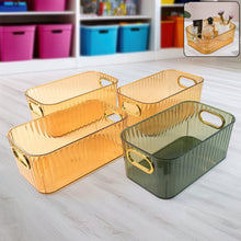 Premium Ribbed Transparent Storage Basket with Gold Handle 25×14 cm 4 Pc - justgrabit.in | Just Grab It