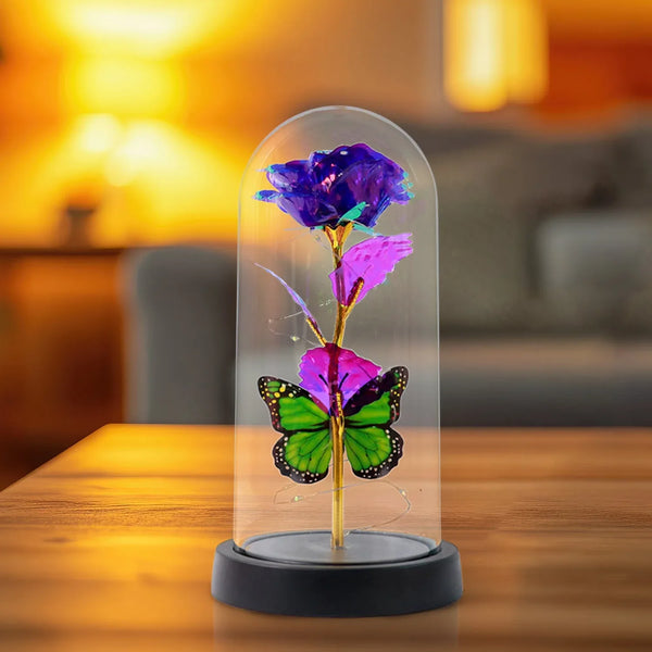 LED Preserved Rose with Colorful Butterfly in Plastic Dome (1 Pc & Mix Color) - Justgrabit Inc.