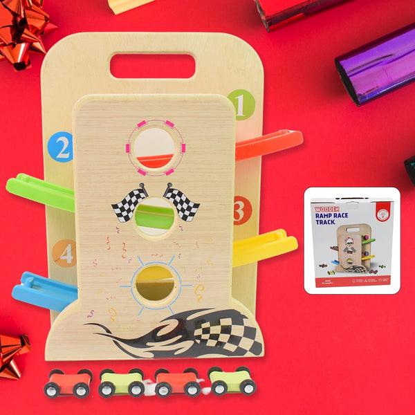 Wooden Ramp Racer Race Track Vehicle Play sets With 4 Mini Racers (with Handle) - justgrabit.in | Just Grab It