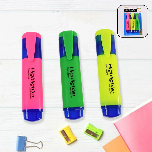 Highlighter Pen, Assorted Colours Water Based Broad Tip Writing Marker (3 Pcs Set) - Justgrabit Inc.