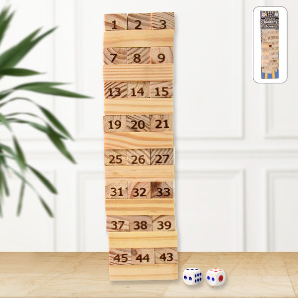 Wooden Tumbling Stacking Tower Game, Zenga tower (48 Pcs Blocks 2 Dices) - justgrabit.in | Just Grab It