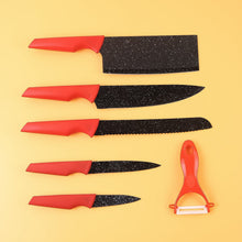 Kitchen Knife Set with Marble - Coated Blades & Red Handles (6 Pc) - justgrabit.in | Just Grab It