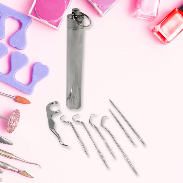 7 IN 1 STAINLESS STEEL TOOTHPICK FLOSSIER SET (1 SET / With Case) - justgrabit.in | Just Grab It