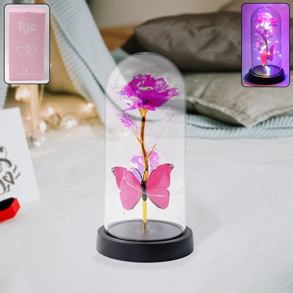 LED Decorative Rose with Butterfly in Transparent Plastic Dome (1 Pc / Battery Not Included) - Justgrabit Inc.
