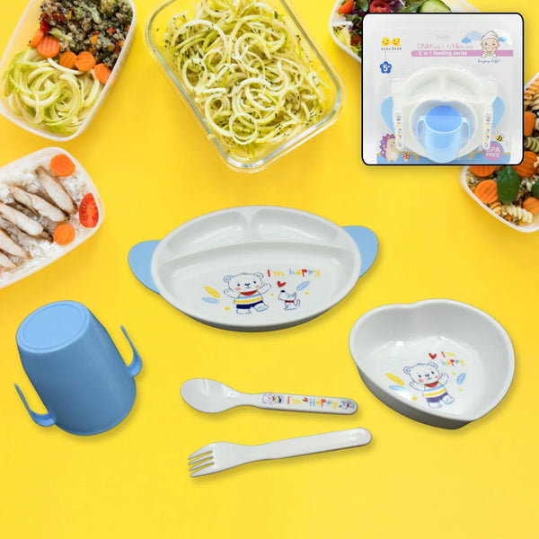 5in1 Baby Feeding Set for Kids and Toddlers,Children Children Dinnerware Set - Feeding Set for Kids, Cartoon Design Plate, Cup, Spoon, Fork Tableware Cutlery for Kids Microwave (5 Pcs Set) - Justgrabit Inc.