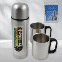 Double Wall Stainless Steel Thermos Flask 500ml Vacuum Insulated Gift Set with Two Cups Hot & Cold, Stainless Steel, Diwali Gifts for Employees, Corporate Gift Item (3 Pcs Set) - Justgrabit Inc.
