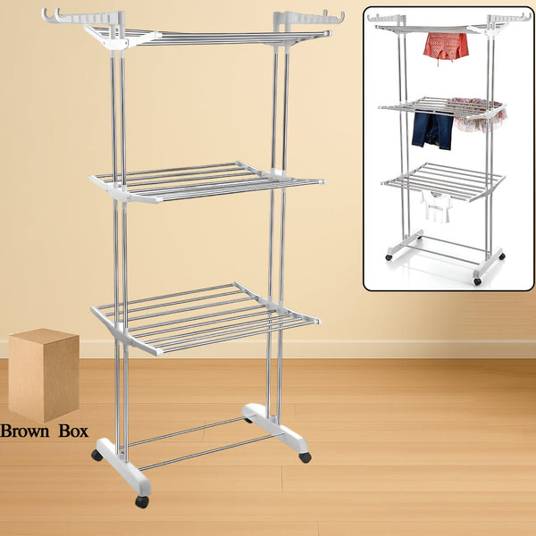 3 - Tier Foldable Stainless Steel Cloth Drying Stand with Wheels - justgrabit.in | Just Grab It