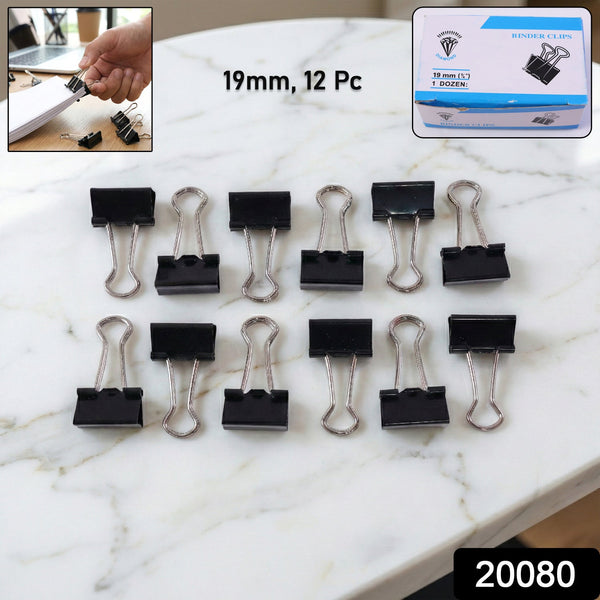Black Metal Binder Clips (19 MM, 12 Pieces Set) - justgrabit.in | Just Grab It