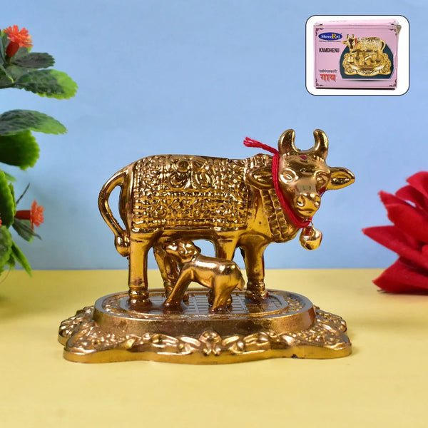 Metal Golden Kamdhenu Cow with Calf (1 Pc) - Justgrabit Inc.