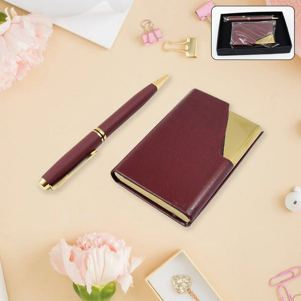 Leather Professional Business Visiting Card Case With Luxury Ballpoint Blue Pens (2 Pc Set / With Gift Box) - justgrabit.in | Just Grab It