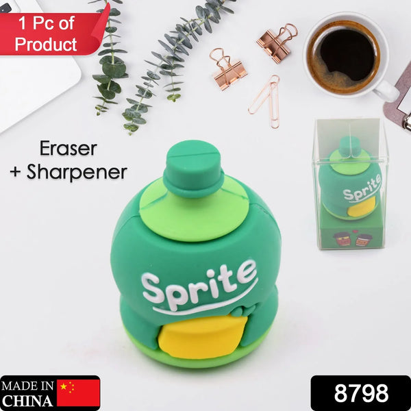 2 - in - 1 3D Cold Drink Bottle Shape Rubber Pencil Sharpener and Eraser Set, Stationery for Kids School Boys Girls, Birthday Return Gifts (1 Pc ) - Justgrabit Inc.