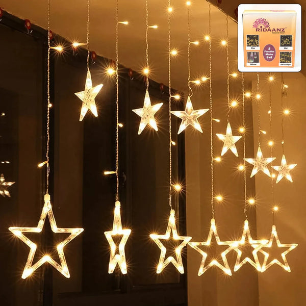 12 Stars LED Curtain String Lights with 8 Flashing Modes for Home Decoration, Diwali & Wedding LED Christmas Light Indoor and Outdoor Light ,Festival Decoration (Warm White / With Box) - justgrabit.in | Just Grab It