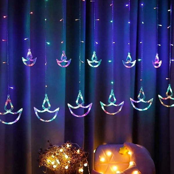 Multicolor 12 Diya Curtain String Lights, Window Curtain Lights with 8 Flashing Modes Decoration Light (Multi Color) - justgrabit.in | Just Grab It