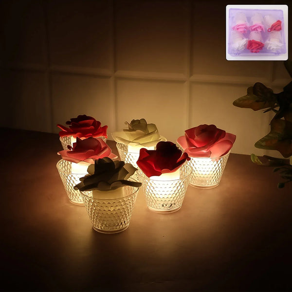 LED Rose Flower Decorative Flameless Tealight Candles - (6 Pc / Set) - justgrabit.in | Just Grab It